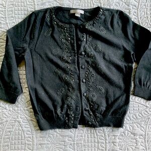 Embroidered and embellished crop sweater. Button down. Black.